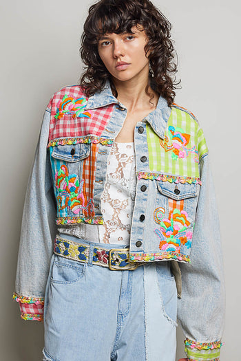 POL Plaid Contrast Denim Jacket Top With Hand-Embroidered Details in Denim