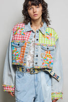 POL Plaid Contrast Denim Jacket Top With Hand-Embroidered Details in Denim