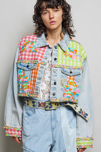 POL Plaid Contrast Denim Jacket Top With Hand-Embroidered Details in Denim