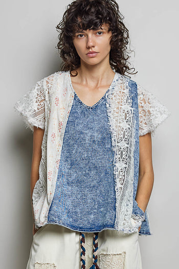 POL Floral Lace French Terry Top in Denim