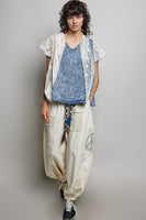POL Floral Lace French Terry Top in Denim