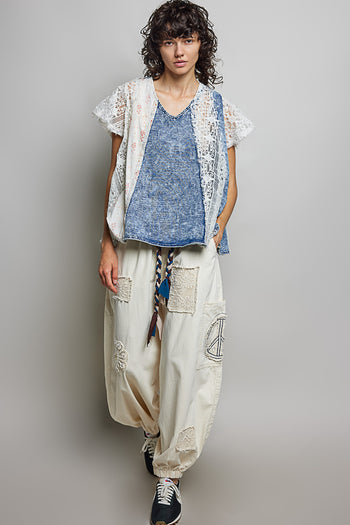 POL Floral Lace French Terry Top in Denim