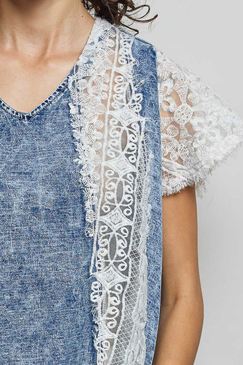 POL Floral Lace French Terry Top in Denim
