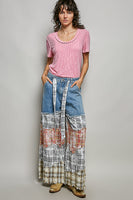 POL Twill Pants with Contrasting Asymmetrical Patchwork in Denim Multi