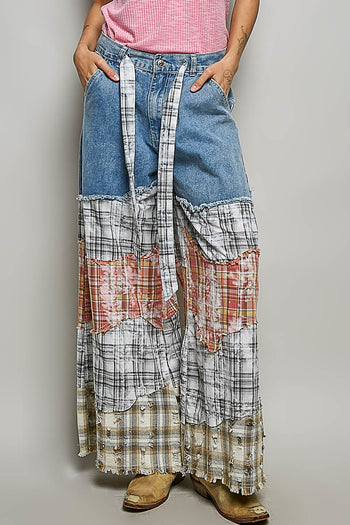 POL Twill Pants with Contrasting Asymmetrical Patchwork in Denim Multi