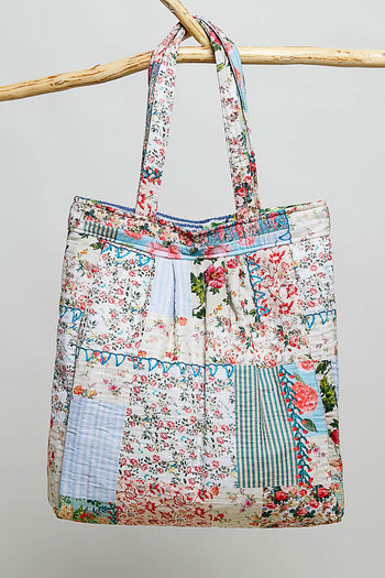 POL Quilted Mixed Patch Tote in Ivory/Blue