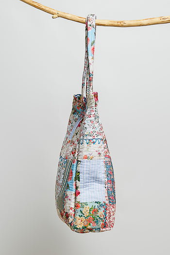 POL Quilted Mixed Patch Tote in Ivory/Blue