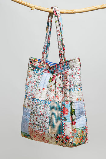 POL Quilted Mixed Patch Tote in Ivory/Blue