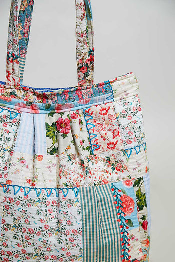 POL Quilted Mixed Patch Tote in Ivory/Blue