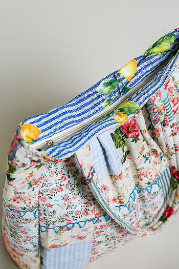 POL Quilted Mixed Patch Tote in Ivory/Blue