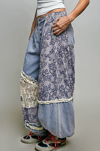POL Denim and Print Crochet Ruffle Detailed Joggers in Denim