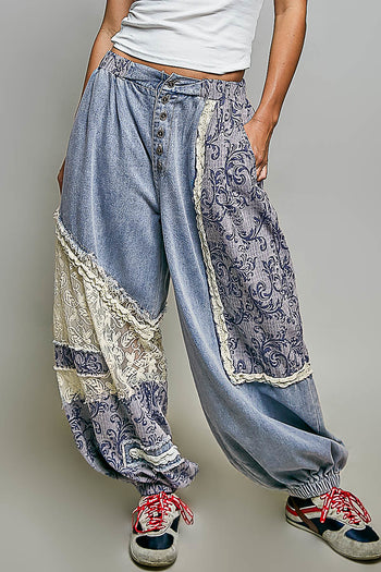 POL Denim and Print Crochet Ruffle Detailed Joggers in Denim