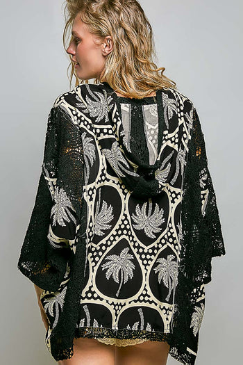 POL Mixed Floral Crochet Hoodie Top in Black Multi