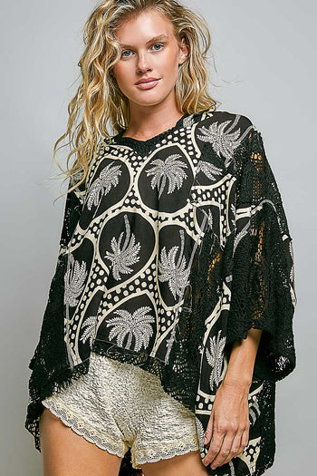POL Mixed Floral Crochet Hoodie Top in Black Multi