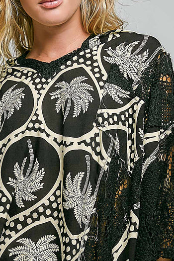 POL Mixed Floral Crochet Hoodie Top in Black Multi