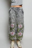 POL Floral Embroidered Twill Joggers in Black