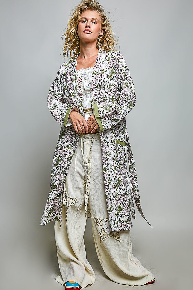 K.　タキマキ　POLLIジャケット POL Mixed Print Open Front Kimono Duster in Olive Multi – June Adel