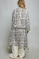 POL Mixed Print Open Front Kimono Duster in Olive Multi