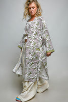 POL Mixed Print Open Front Kimono Duster in Olive Multi