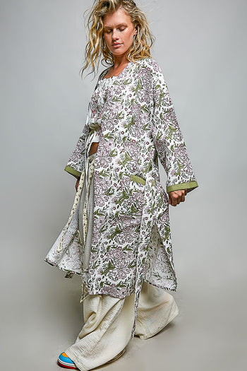POL Mixed Print Open Front Kimono Duster in Olive Multi