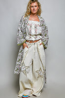 POL Mixed Print Open Front Kimono Duster in Olive Multi