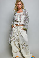 POL Mixed Print Open Front Kimono Duster in Olive Multi