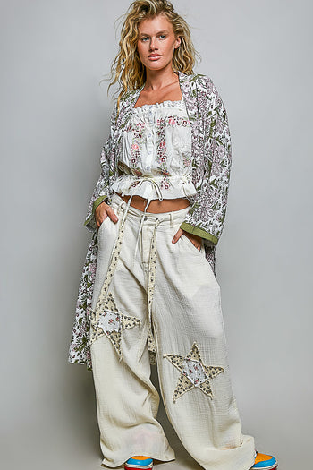 POL Mixed Print Open Front Kimono Duster in Olive Multi