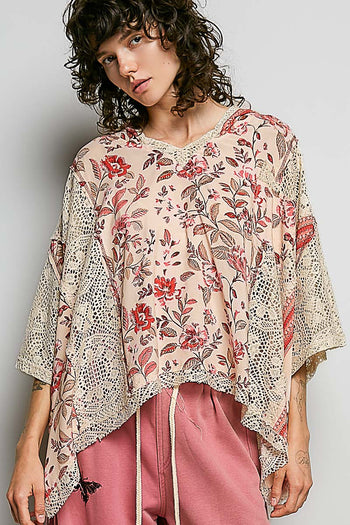 POL Mixed Floral Crochet Hoodie Top in Rose Pink Multi