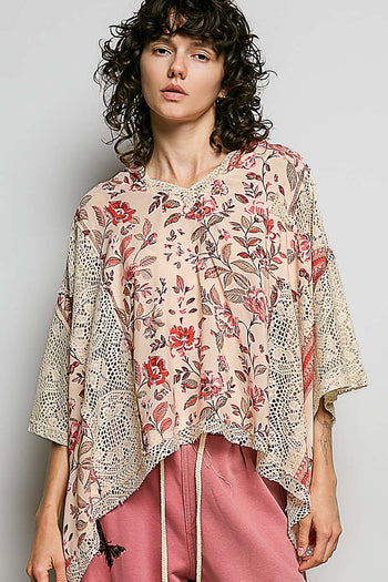 POL Mixed Floral Crochet Hoodie Top in Rose Pink Multi