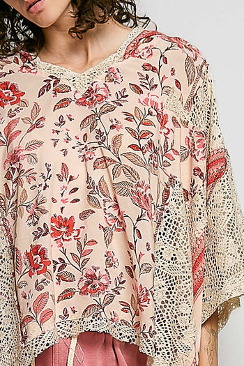 POL Mixed Floral Crochet Hoodie Top in Rose Pink Multi