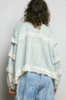 POL Textured Knit Top with Ruffle Detailed Mixed Lace in Mint Sage