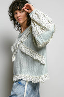 POL Textured Knit Top with Ruffle Detailed Mixed Lace in Mint Sage