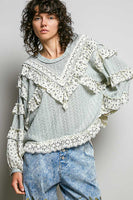 POL Textured Knit Top with Ruffle Detailed Mixed Lace in Mint Sage