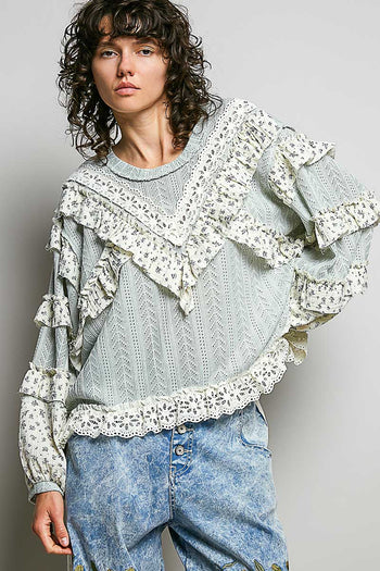 POL Textured Knit Top with Ruffle Detailed Mixed Lace in Mint Sage