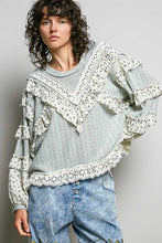 Load image into Gallery viewer, POL Textured Knit Top with Ruffle Detailed Mixed Lace in Mint Sage
