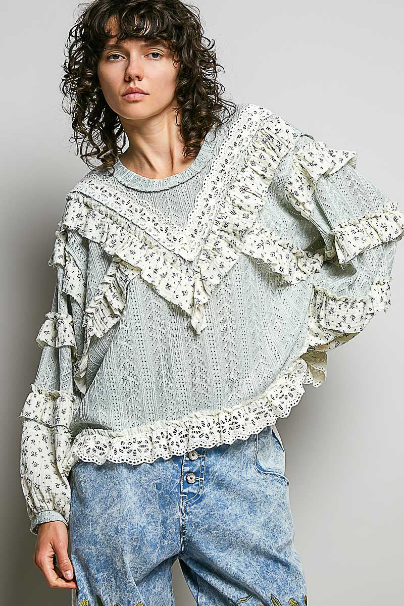 POL Textured Knit Top with Ruffle Detailed Mixed Lace in Mint Sage