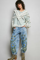 POL Textured Knit Top with Ruffle Detailed Mixed Lace in Mint Sage