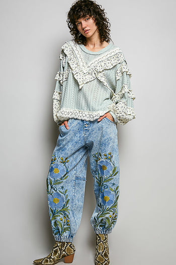 POL Textured Knit Top with Ruffle Detailed Mixed Lace in Mint Sage