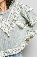 POL Textured Knit Top with Ruffle Detailed Mixed Lace in Mint Sage