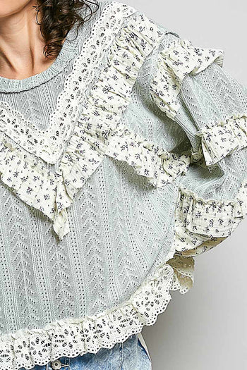 POL Textured Knit Top with Ruffle Detailed Mixed Lace in Mint Sage