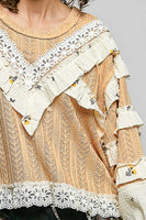 POL Textured Knit Top with Ruffle Detailed Mixed Lace in Peach Jam
