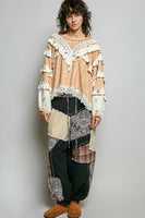 POL Textured Knit Top with Ruffle Detailed Mixed Lace in Peach Jam