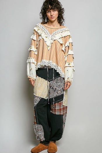 POL Textured Knit Top with Ruffle Detailed Mixed Lace in Peach Jam