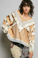 POL Textured Knit Top with Ruffle Detailed Mixed Lace in Peach Jam