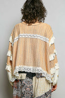 POL Textured Knit Top with Ruffle Detailed Mixed Lace in Peach Jam