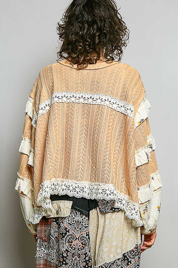 POL Textured Knit Top with Ruffle Detailed Mixed Lace in Peach Jam