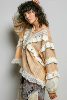 POL Textured Knit Top with Ruffle Detailed Mixed Lace in Peach Jam