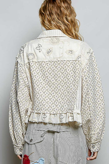 POL Contrasting Print Twill and Knit CROPPED Jacket in Natural