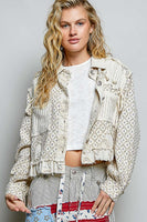 POL Contrasting Print Twill and Knit CROPPED Jacket in Natural