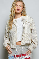 POL Contrasting Print Twill and Knit CROPPED Jacket in Natural